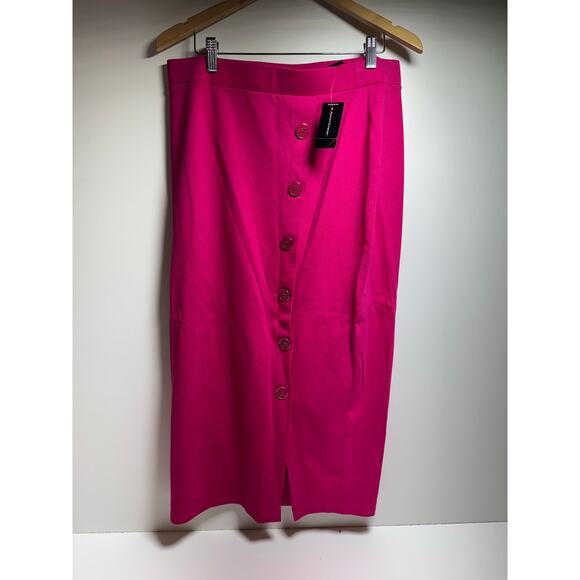 Ashley Stewart Women’s Midi Skirt Fuchsia Button Front Sz 14 New Stretchy A Line - Picture 1 of 9